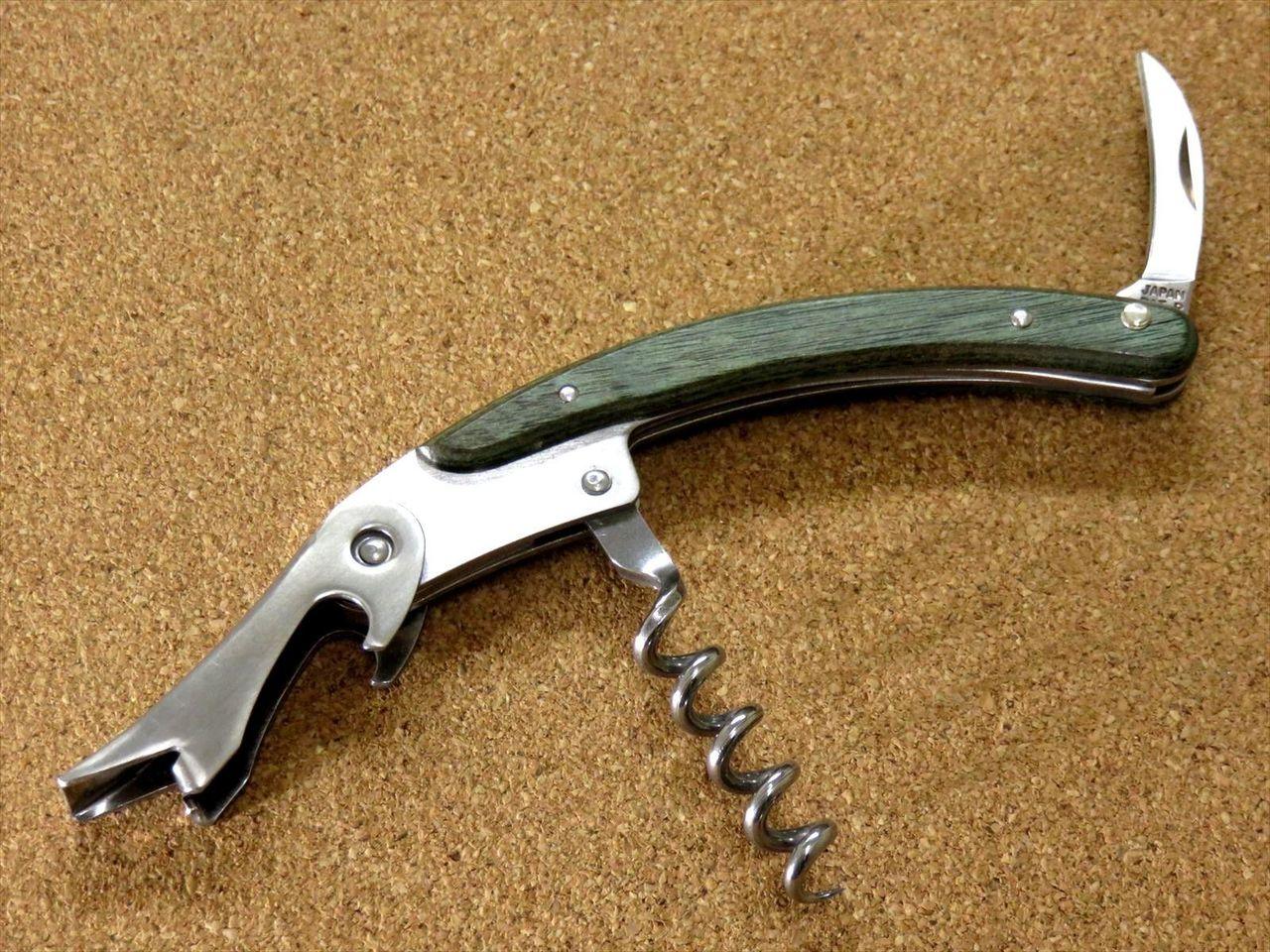 Japanese Sommelier Knife Corkscrew Wine Bottle Opener Green Plywood SEKI JAPAN