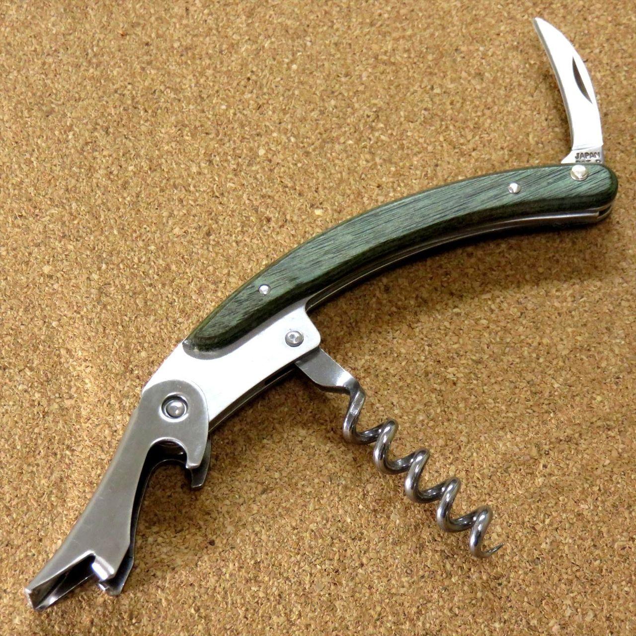 Japanese Sommelier Knife Corkscrew Wine Bottle Opener Green Plywood SEKI JAPAN